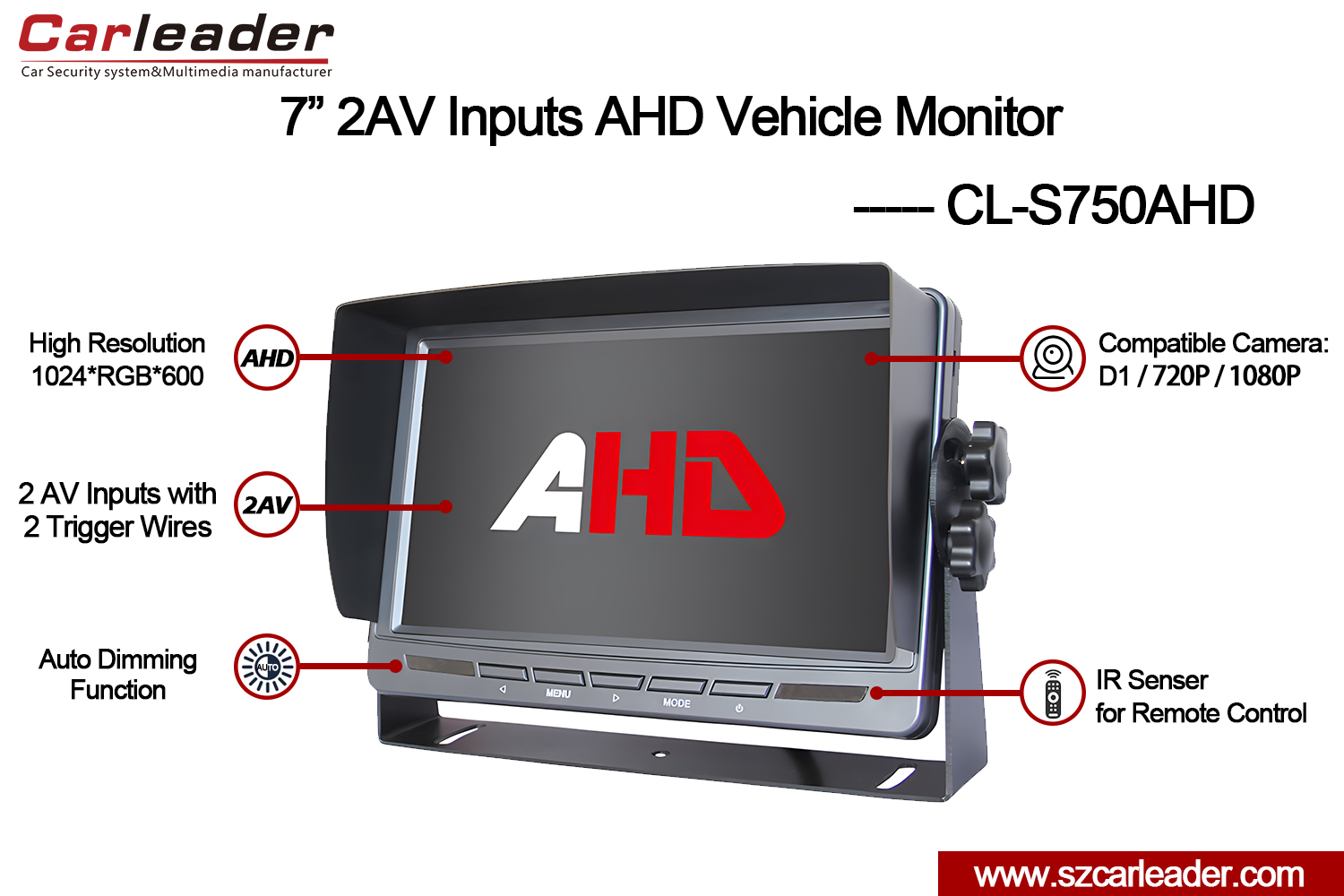 7 инчен TFT LCD AHD монитор за автомобил со заден поглед