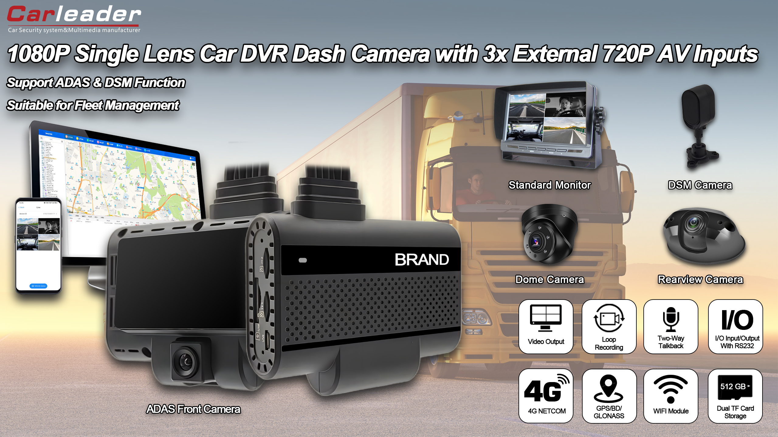 Carleader 4CH DVR AI Dash Camera System за управување со флота